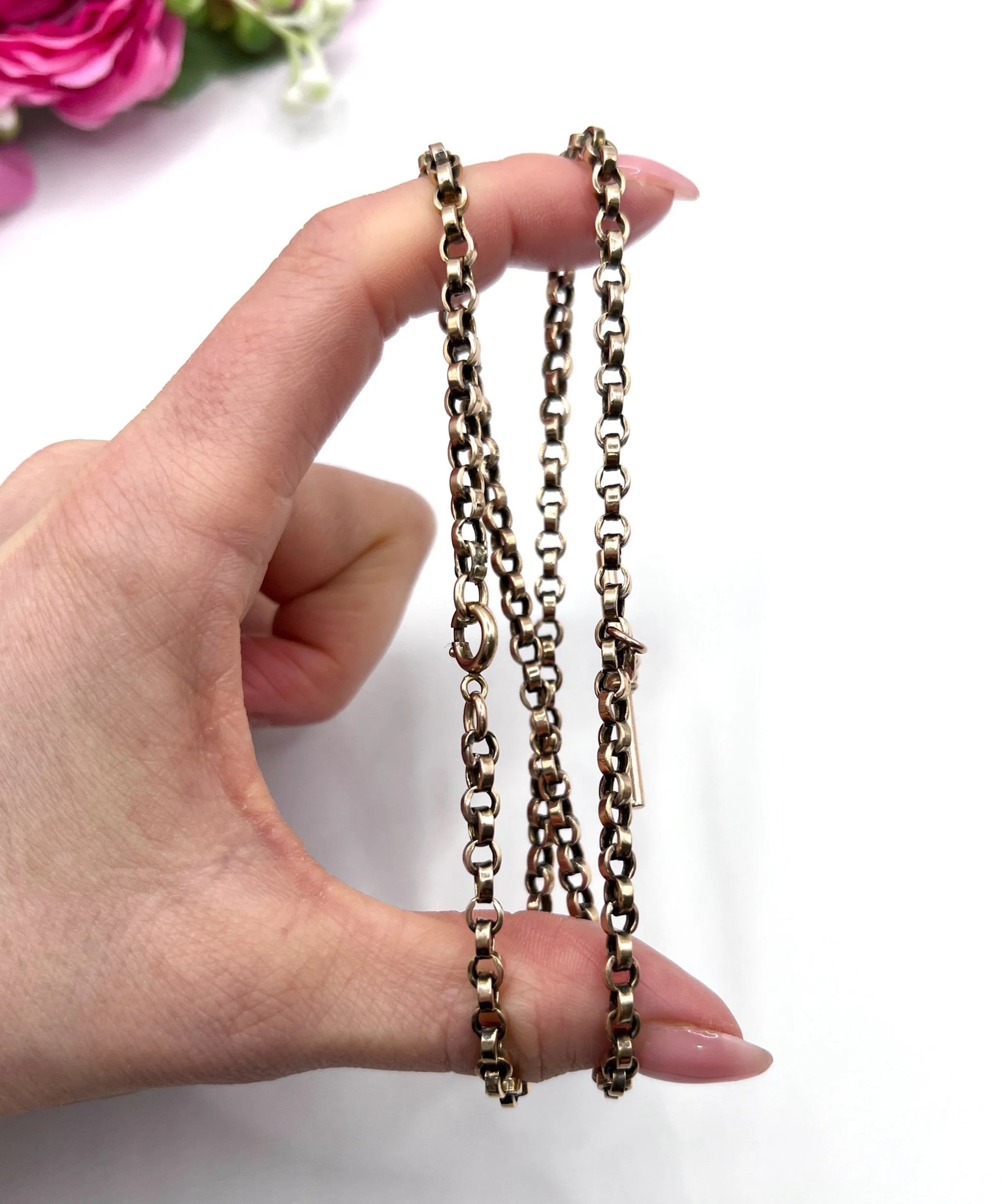Victorian 9 Carat Rose Gold Rolo Link Albert Chain Necklace, Circa 1880