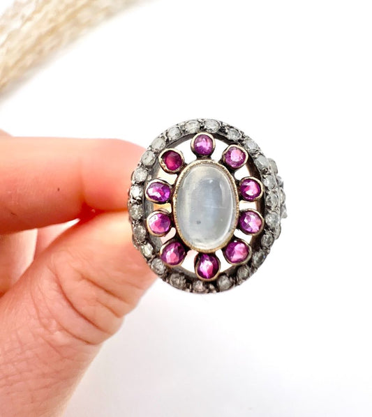 Victorian Antique Moonstone Ruby and Diamond Cluster Ring