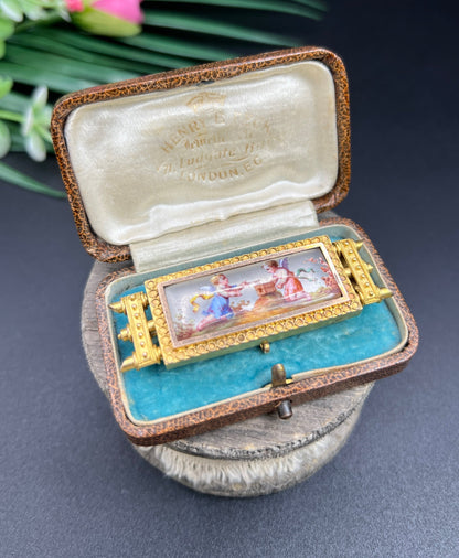 Antique 15 Carat Yellow Gold Enamel Cherub Panel Brooch, Circa 1880