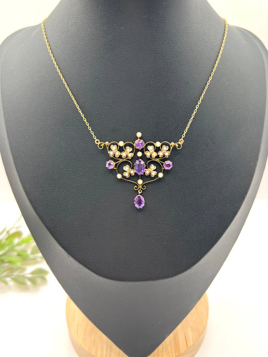 Antique 9 Carat Rose Gold Amethyst and Seed Pearl Pendant Necklace