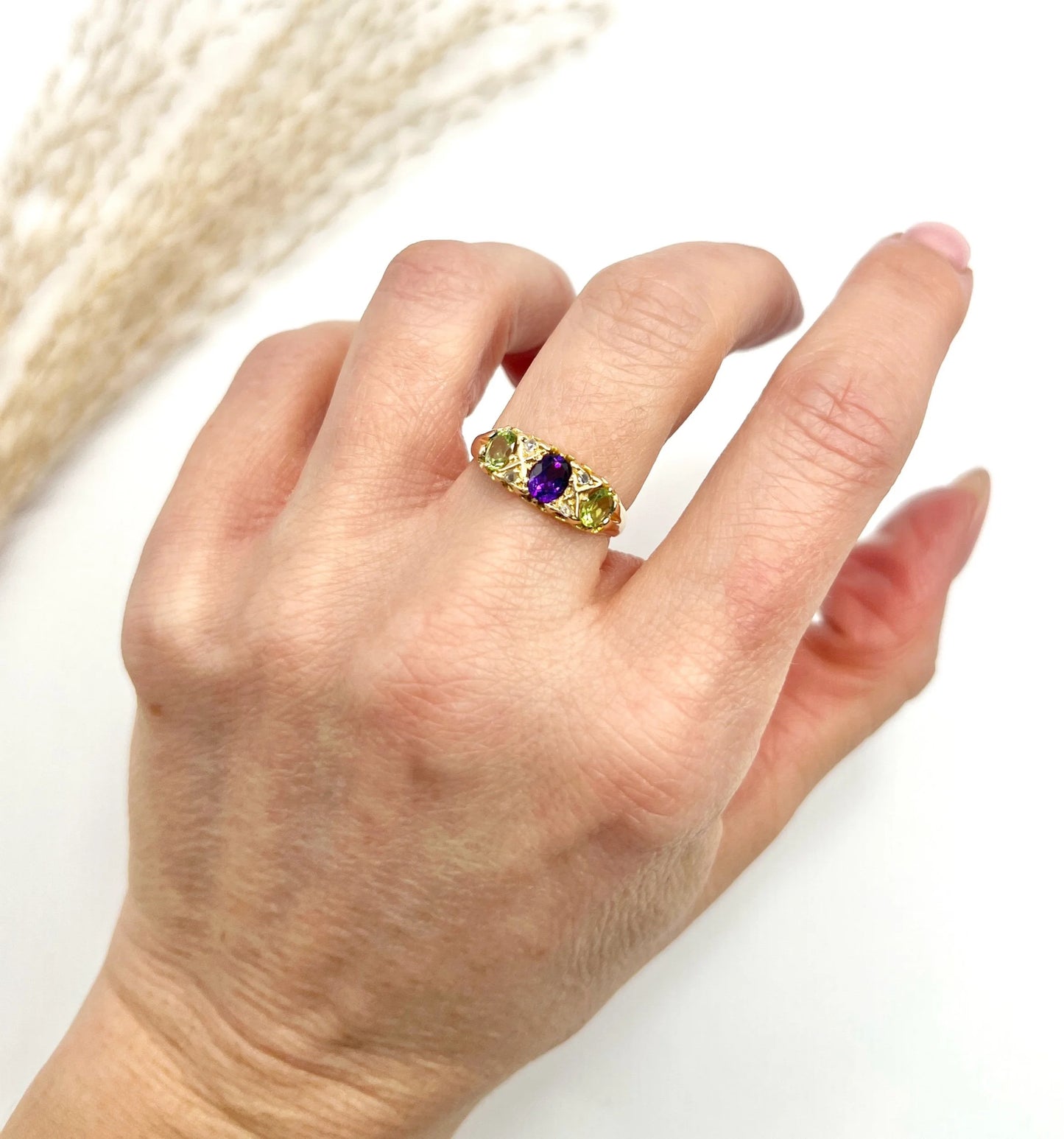 Antique 18 ct Yellow Gold, Amethyst, Diamond And Peridot Suffragette Ring