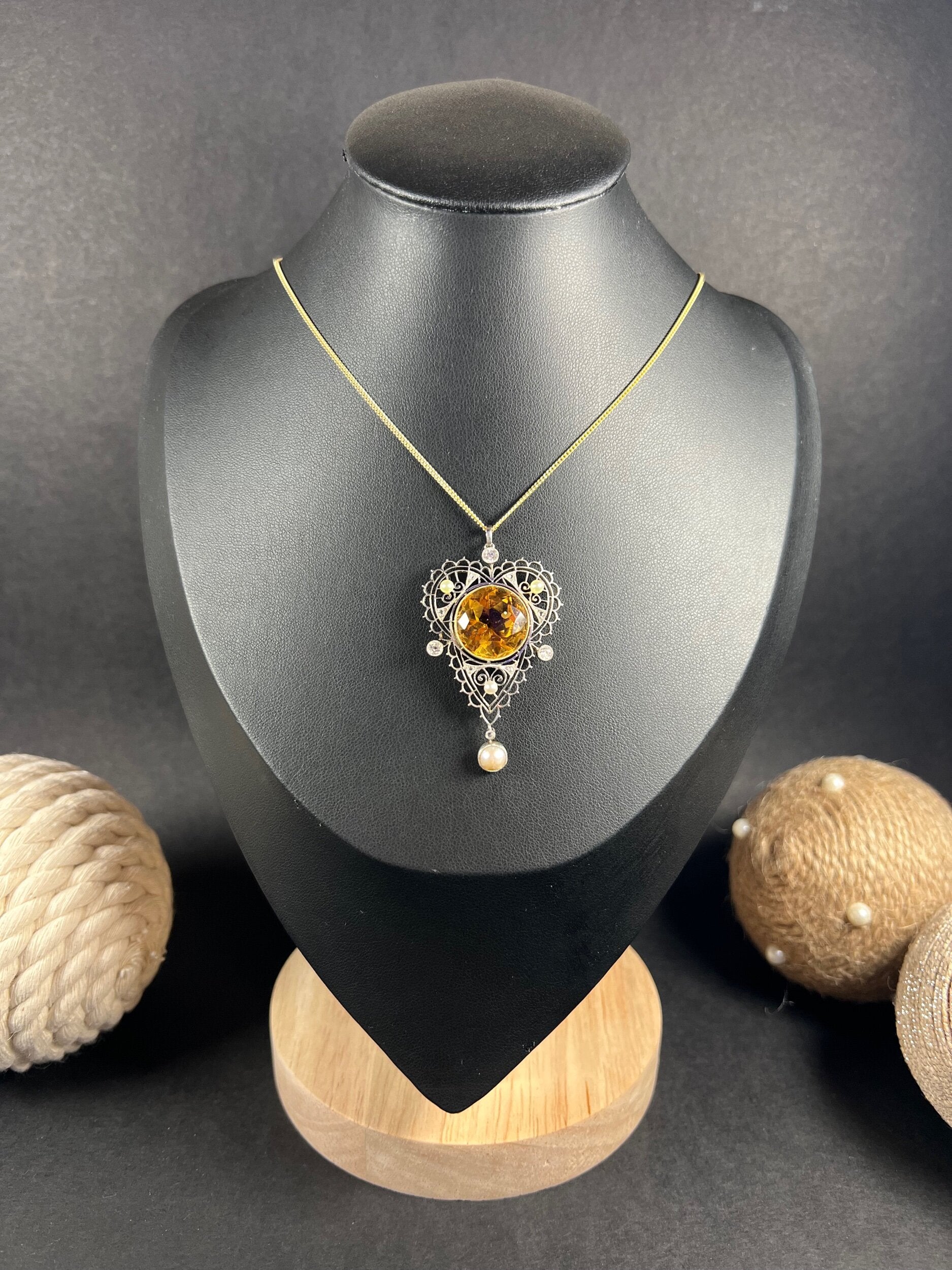 Edwardian 18 Carat Gold, Platinum, Citrine, Pearl and Diamond Pendant Necklace