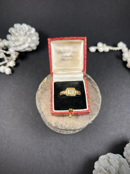 Vintage French 18 Carat Yellow Gold Princess Cut Diamond Single Stone Ring, Circa 1980