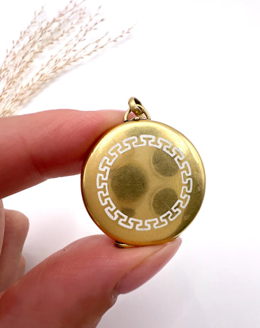 Antique 15ct Yellow Gold, Edwardian era Greek Key White Enamel Round Locket