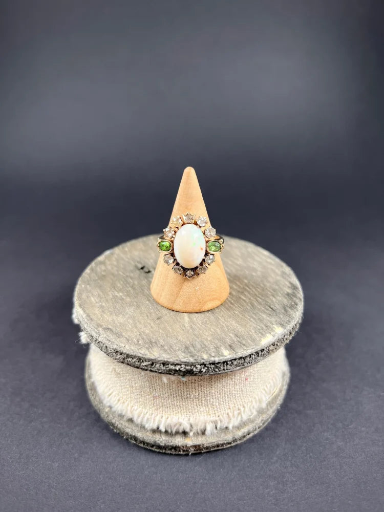 Victorian Antique Opal Diamond and Demantoid Garnet Cluster Ring