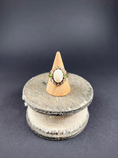 Victorian Antique Opal Diamond and Demantoid Garnet Cluster Ring