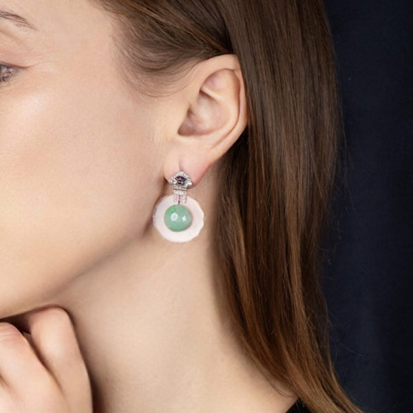 Art Deco Rock Crystal, Gemstone And Jade Drop Earrings In Platinum