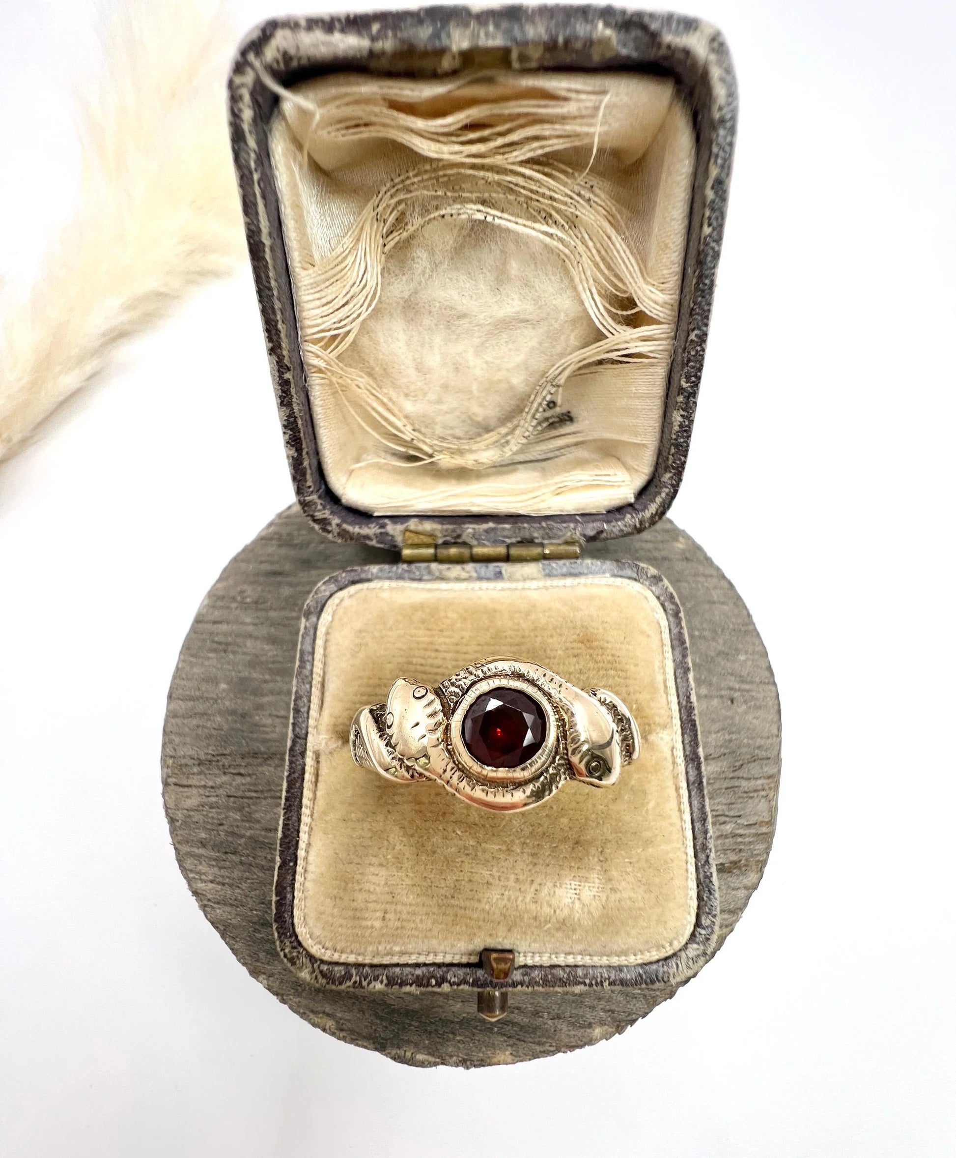 Edwardian 10 Carat Rose Gold Garnet Double-Headed Snake Ring, Circa 1910