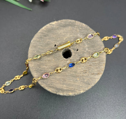 Vintage 18 Carat Yellow Gold Gemstone Harlequin Necklace with Barrel Clasp