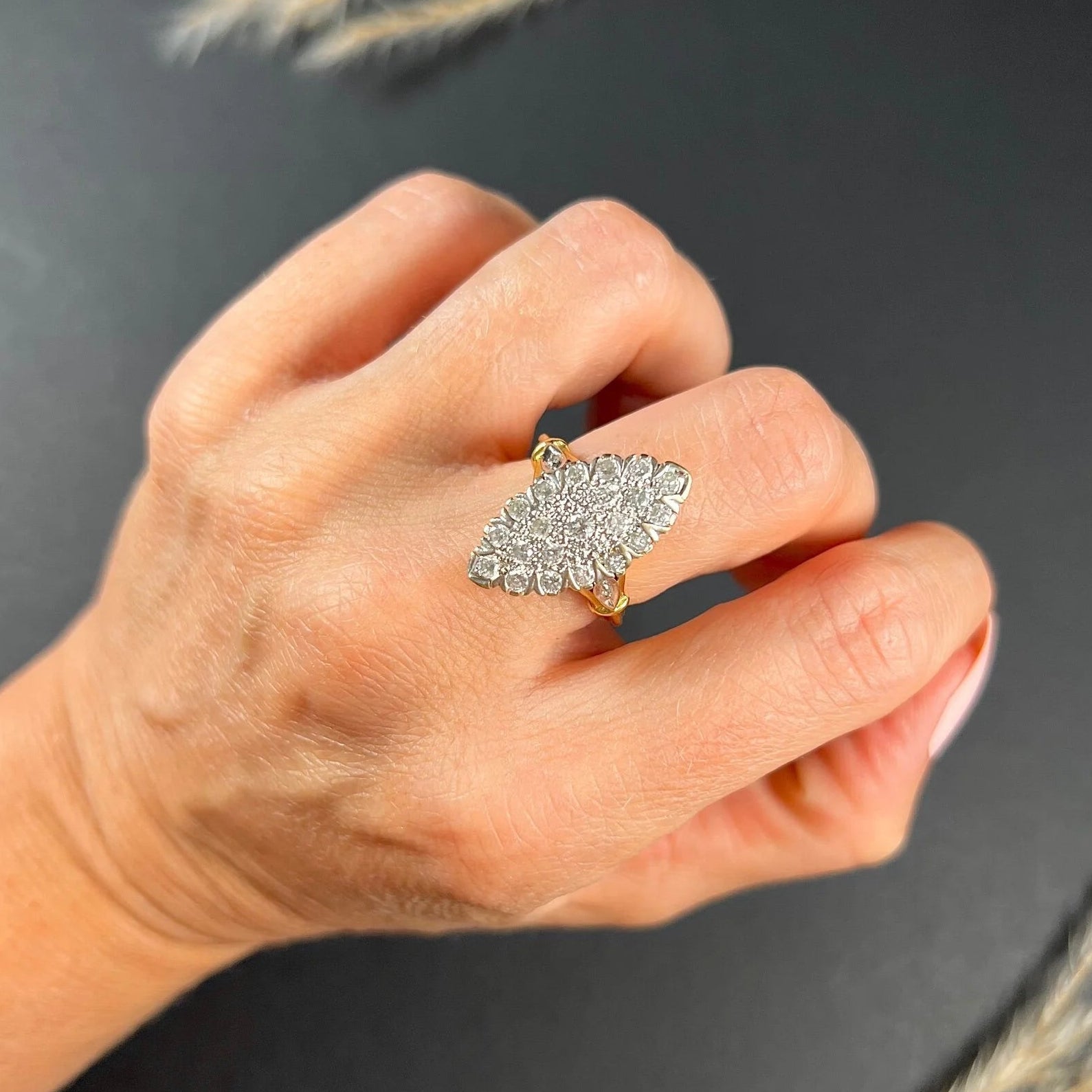 Vintage French 1940s Diamond Marquise Navette Cluster Ring