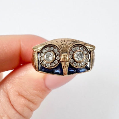 Vintage Owl Cocktail Ring In 18 Carat Rose Gold With Diamonds And Sapphires
