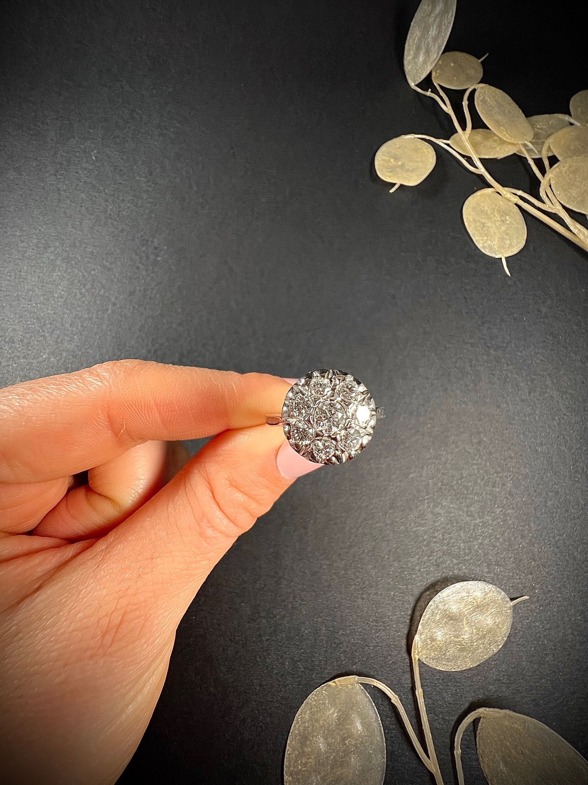 Antique French 18 Carat White Gold Round Diamond Cluster Ring, Circa 1920