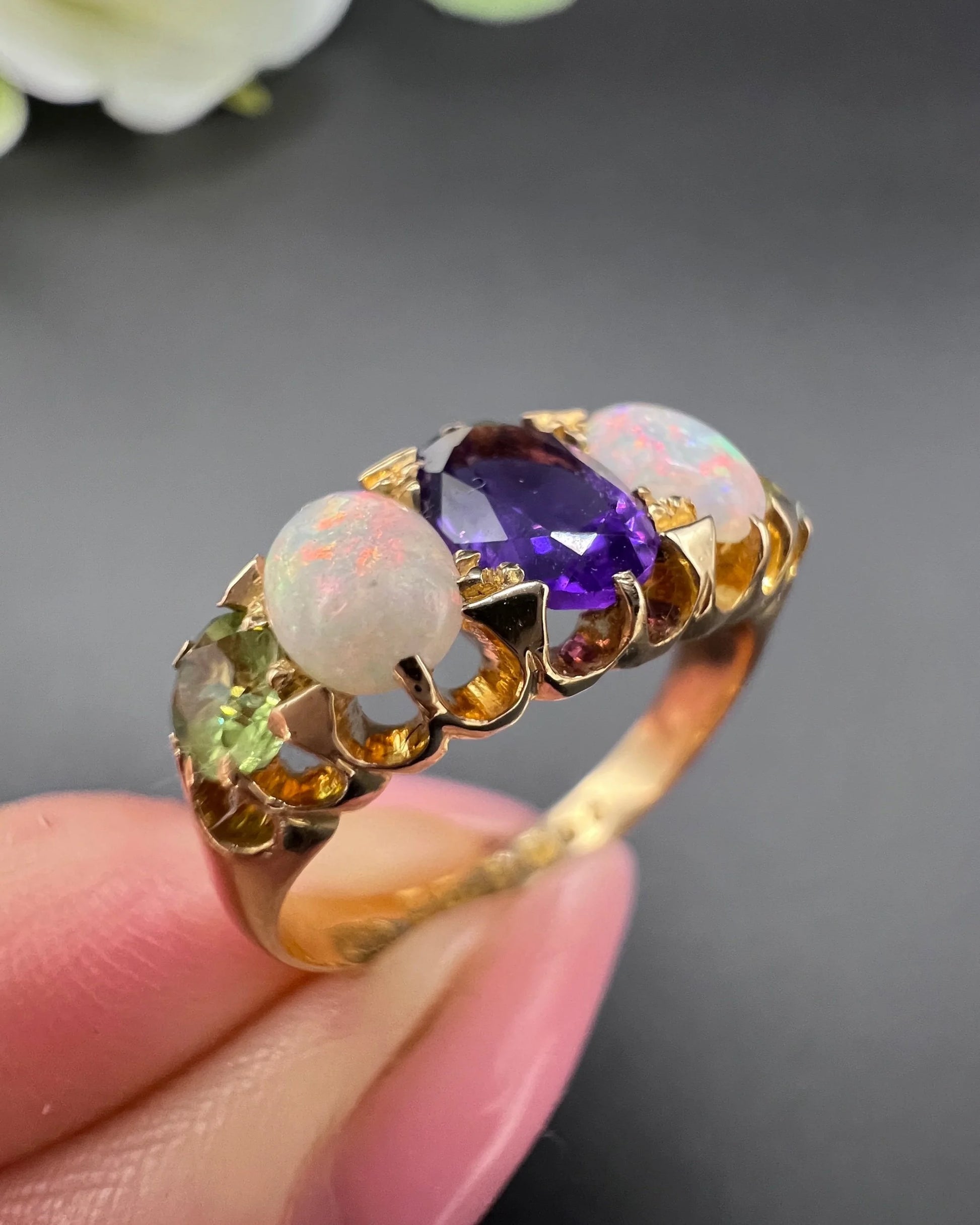 Antique 18 ct Gold, Amethyst, Opal And Peridot Suffragette Ring