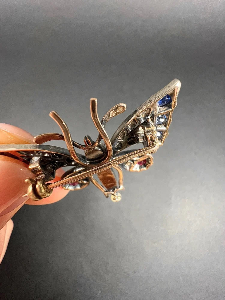 Antique Butterfly Brooch in 18 Carat Rose Gold And Silver With Gemstones