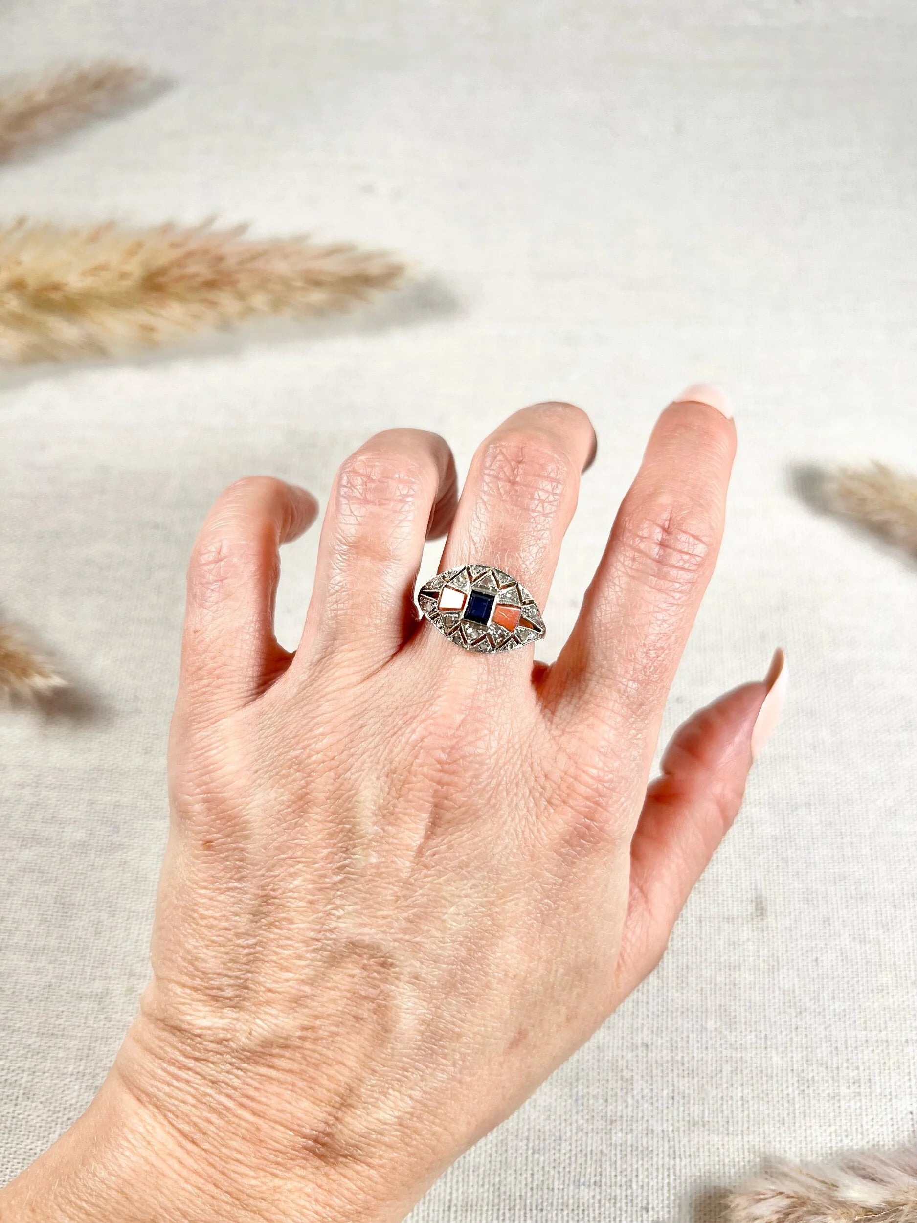 Antique 1920's Art Deco, 18 ct Gold And Platinum Sapphire, Coral And Diamond Dome Ring