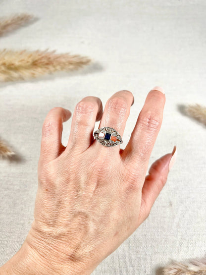 Antique 1920's Art Deco, 18 ct Gold And Platinum Sapphire, Coral And Diamond Dome Ring