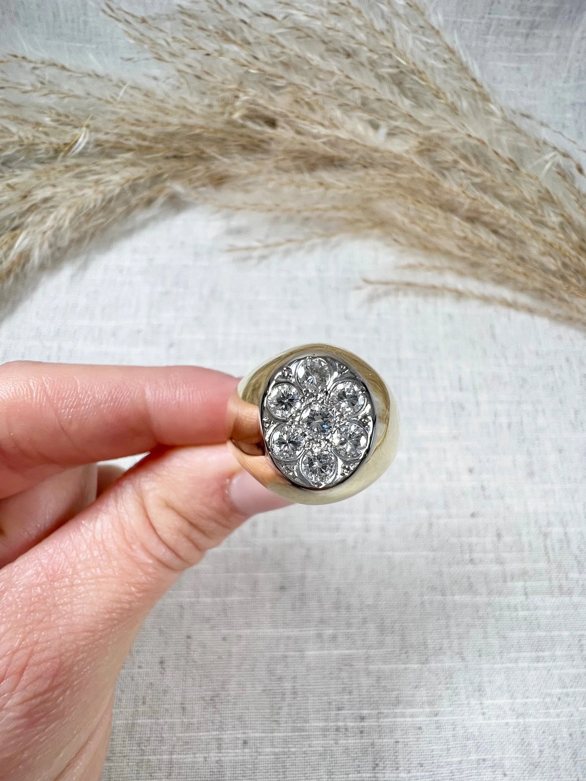 Vintage French Diamond Encrusted Oval Shaped Signet Ring