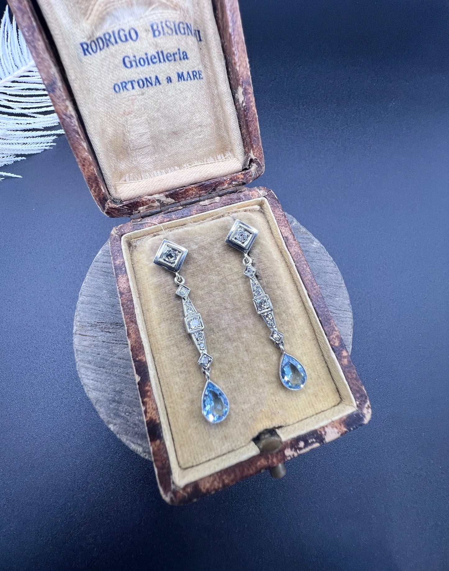 Art Deco 18 Carat Gold, Platinum, Aquamarine and Diamond Drop Earrings, Circa 1920