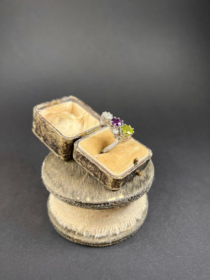 Edwardian Antique Suffragette Amethyst Peridot Diamond Ring