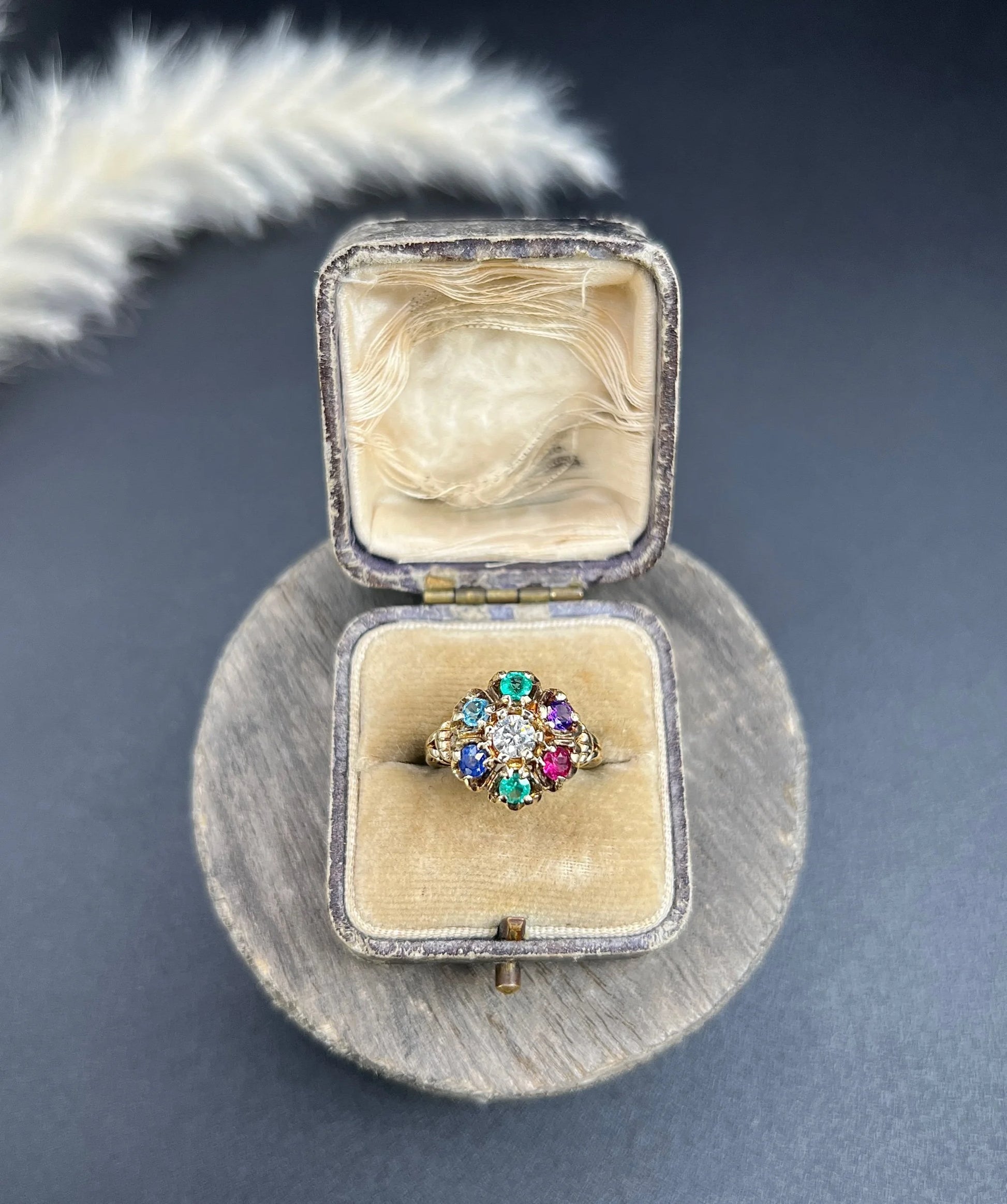 Vintage 10 Carat Yellow Gold, 1970's Diamond, Emerald, Amethyst, Ruby, Sapphire And Topaz Cluster Ring