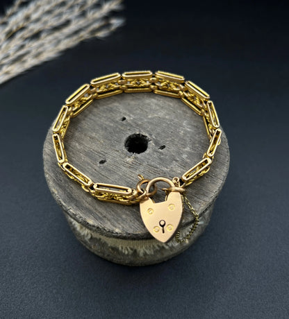 Edwardian Antique 15ct Gold Gate Bracelet with Lovers Knot Heart Padlock