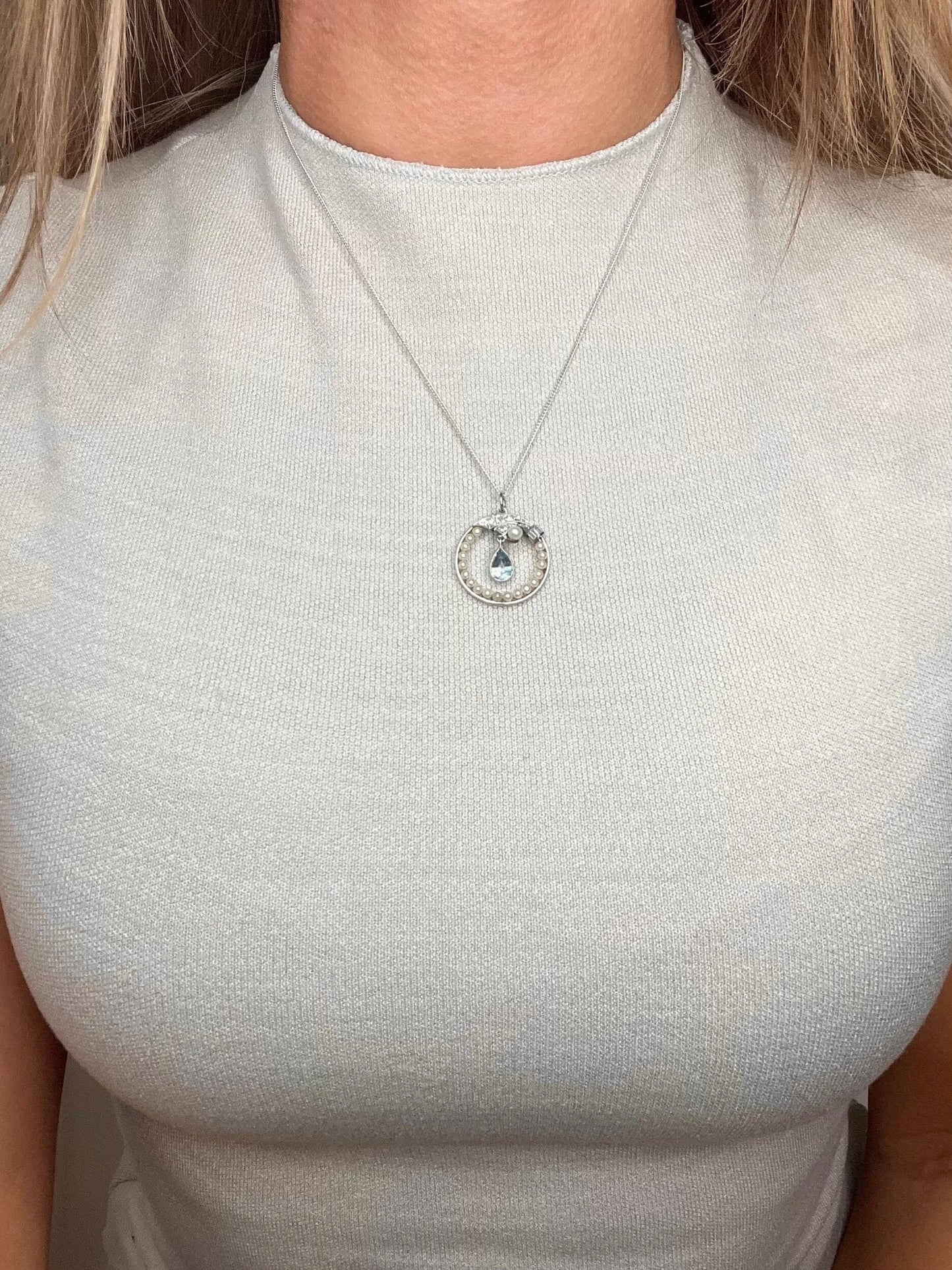Antique 14 Carat Gold And Platinum 1920's Aquamarine, Pearl, And Diamond Pendant
