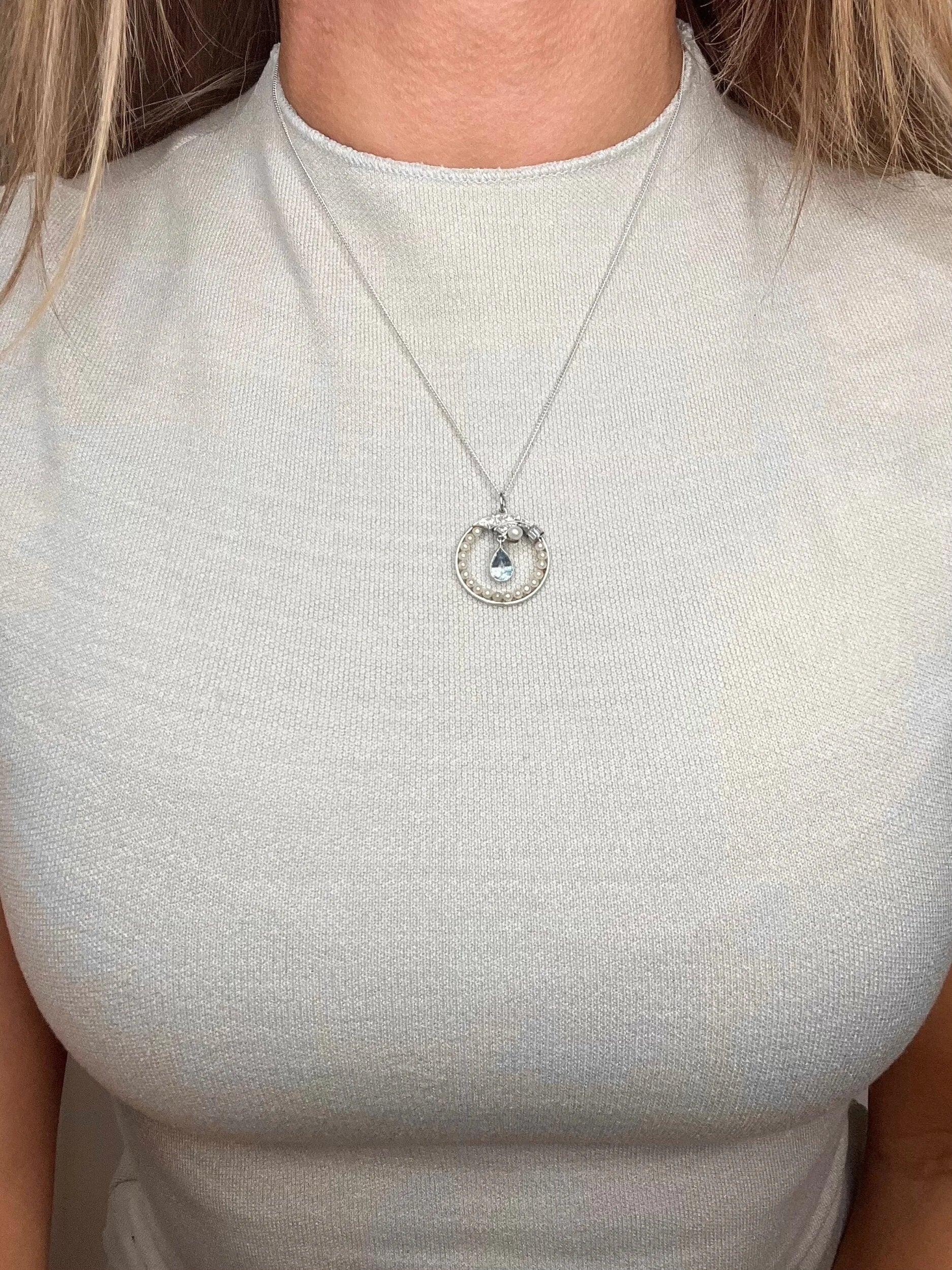 Antique 14 Carat Gold And Platinum 1920's Aquamarine, Pearl, And Diamond Pendant