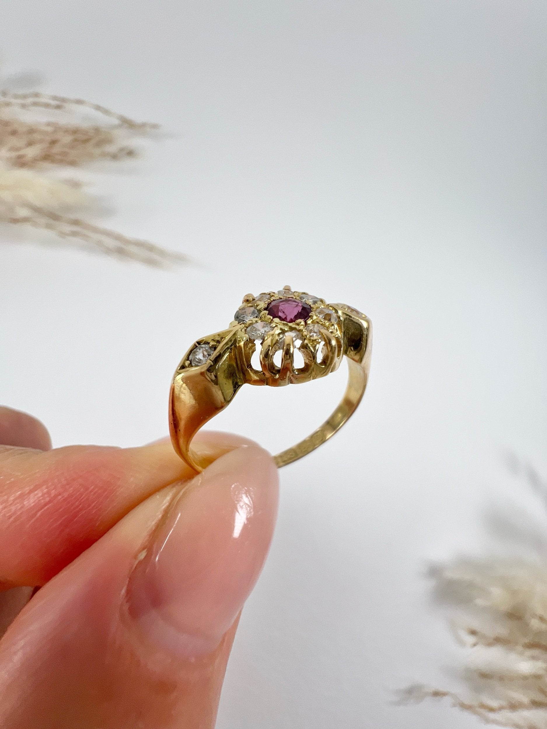 Antique 18 ct Yellow Gold Fancy Ruby And Diamond Daisy Cluster Ring