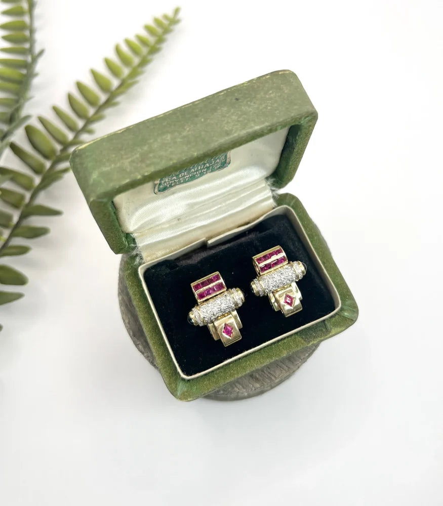 Art Deco Earrings With Old Cut Diamonds, Rubies And Onyx In 18 Carat Yellow And White Gold