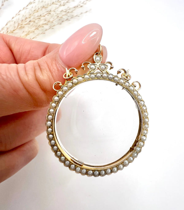 Antique 9 ct Rose Gold Stamped, Edwardian Seed Pearl Glass Locket Pendant