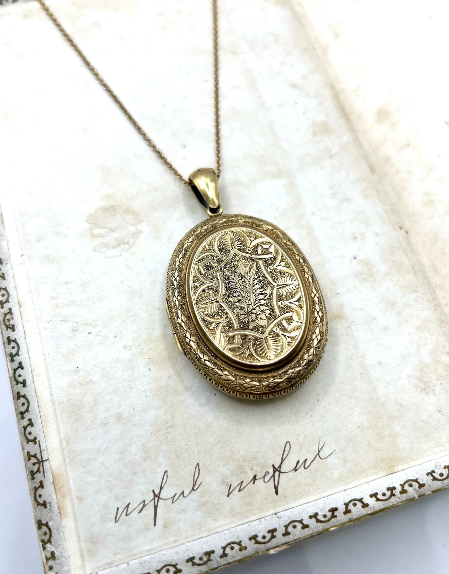 Victorian Antique Large 15ct Yellow Gold Engraved Oval Locket Pendant