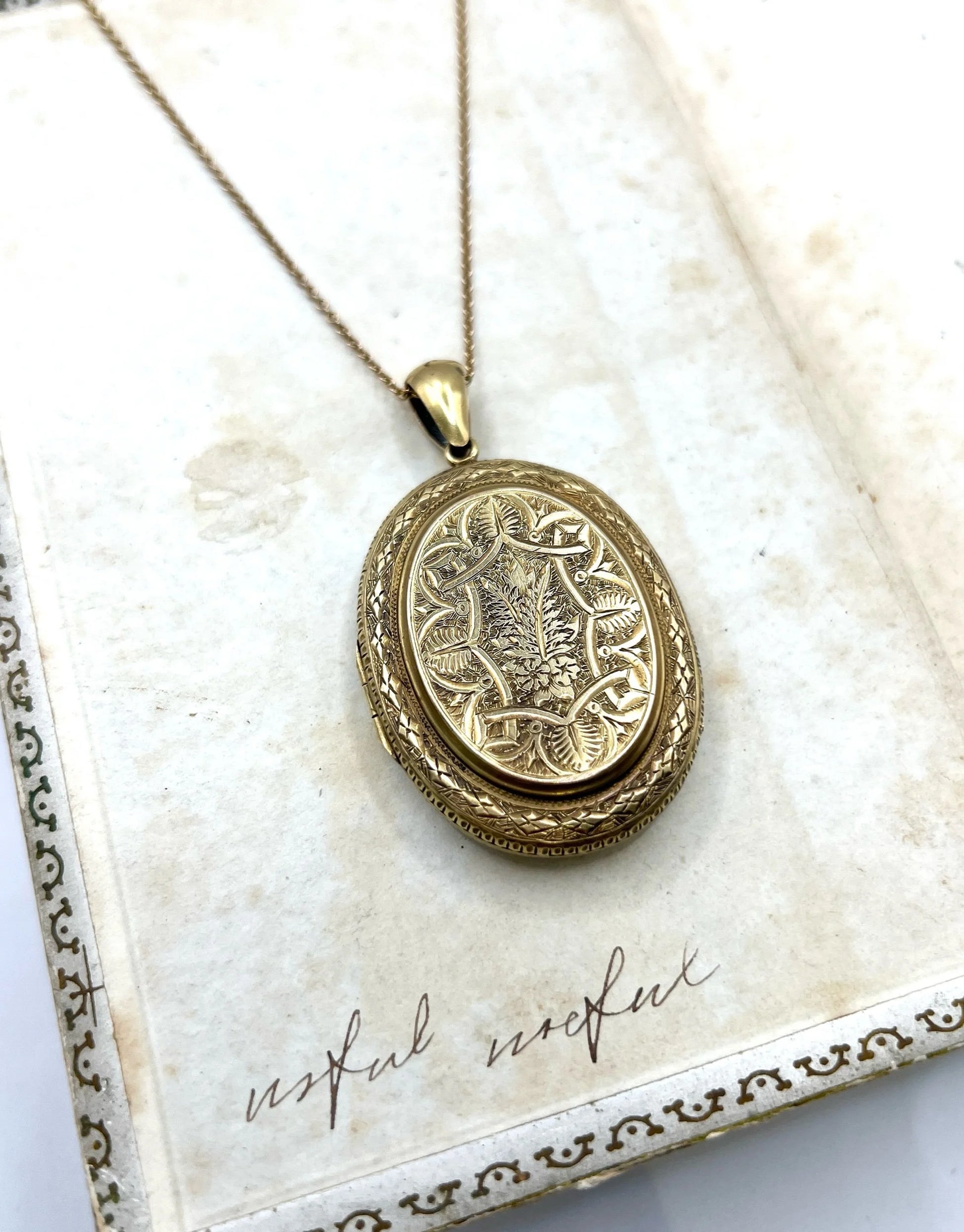 Victorian Antique Large 15ct Yellow Gold Engraved Oval Locket Pendant