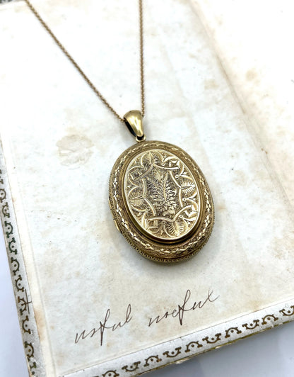 Victorian Antique Large 15ct Yellow Gold Engraved Oval Locket Pendant