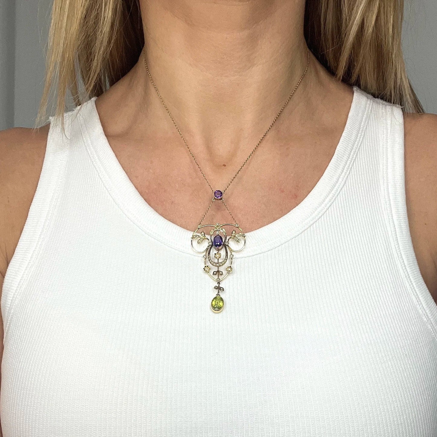 Antique Edwardian 9ct Gold Stamped Suffragette Pendant Necklace with Amethyst Peridot Seed Pearls