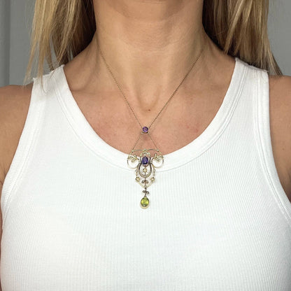 Antique Edwardian 9ct Gold Stamped Suffragette Pendant Necklace with Amethyst Peridot Seed Pearls