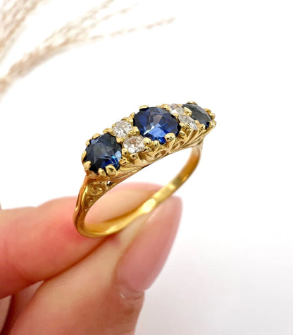 Antique 18 Carat Yellow Gold, Victorian Sapphire And Diamond Carved Seven Stone Ring