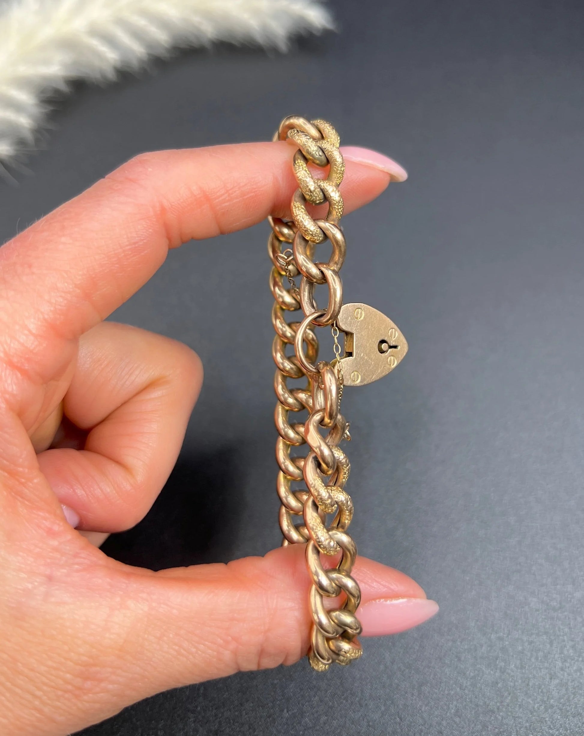 Antique 9 Carat Rose Gold Night and Day Floral Curb Bracelet with Heart Padlock