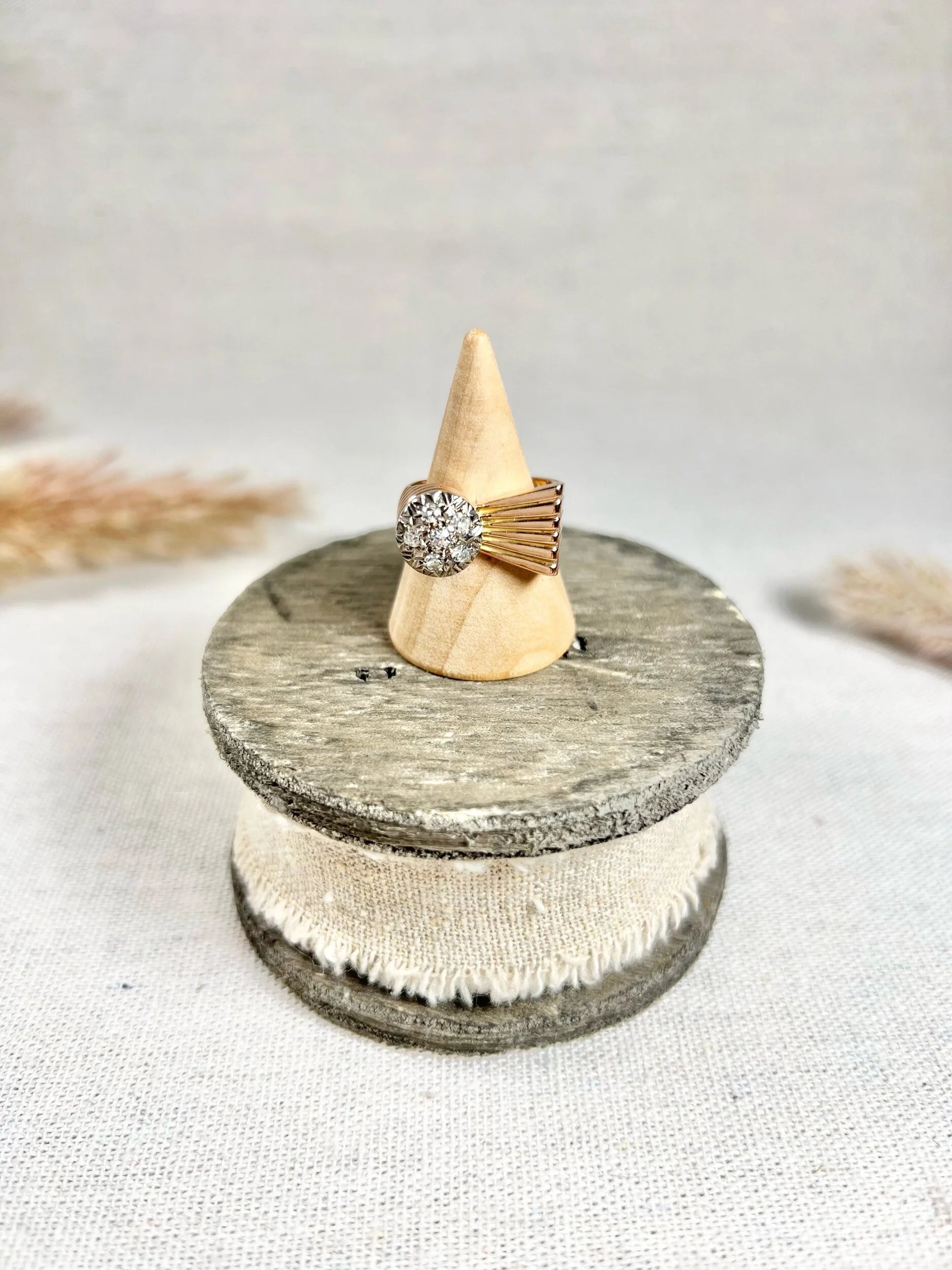 Vintage 18 Carat Rose Gold Diamond Bombé and Fan Cocktail Ring, Circa 1940