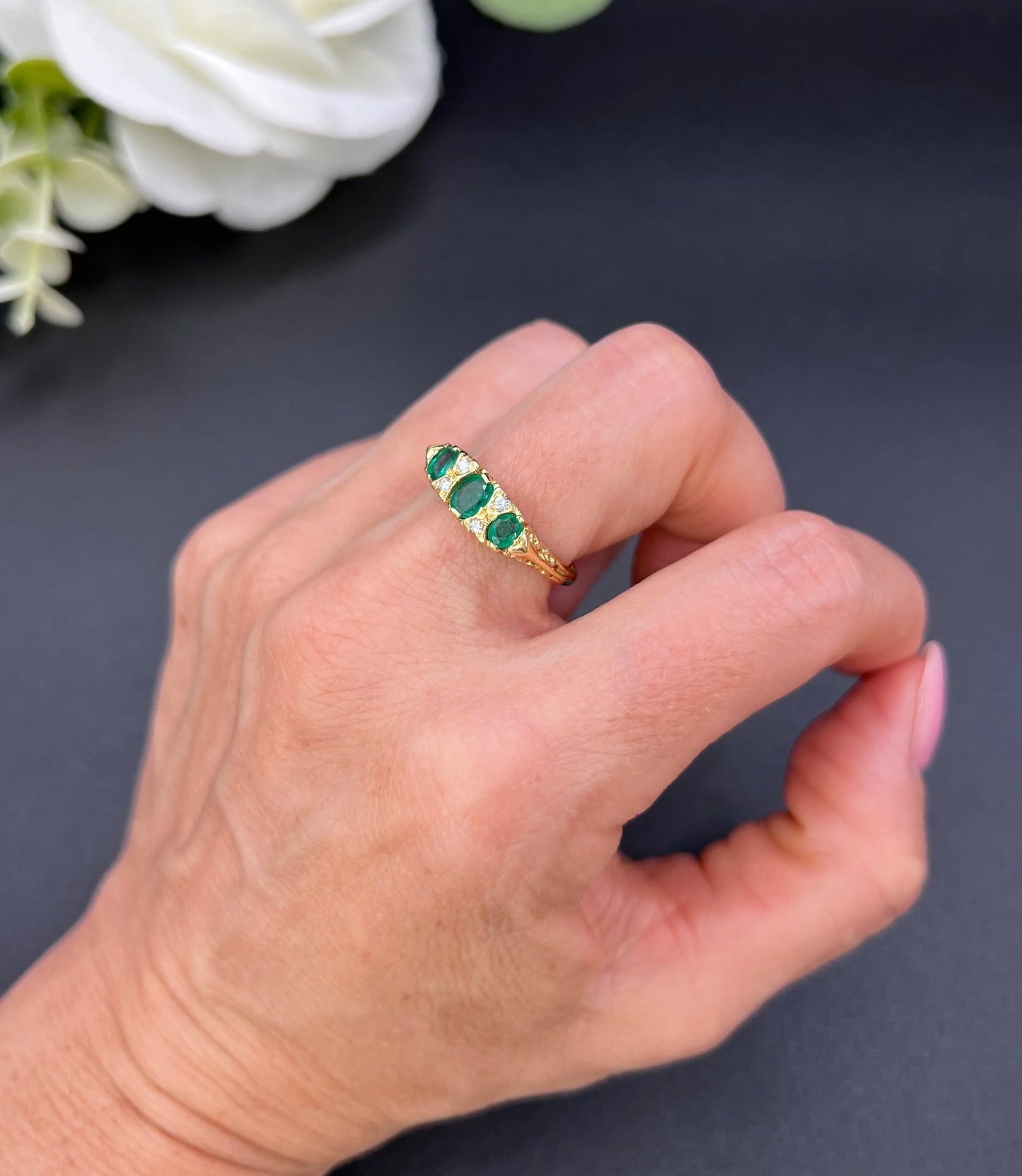Vintage 18ct Yellow Gold, 1960s Victorian Style Emerald and Diamond Carved Ring