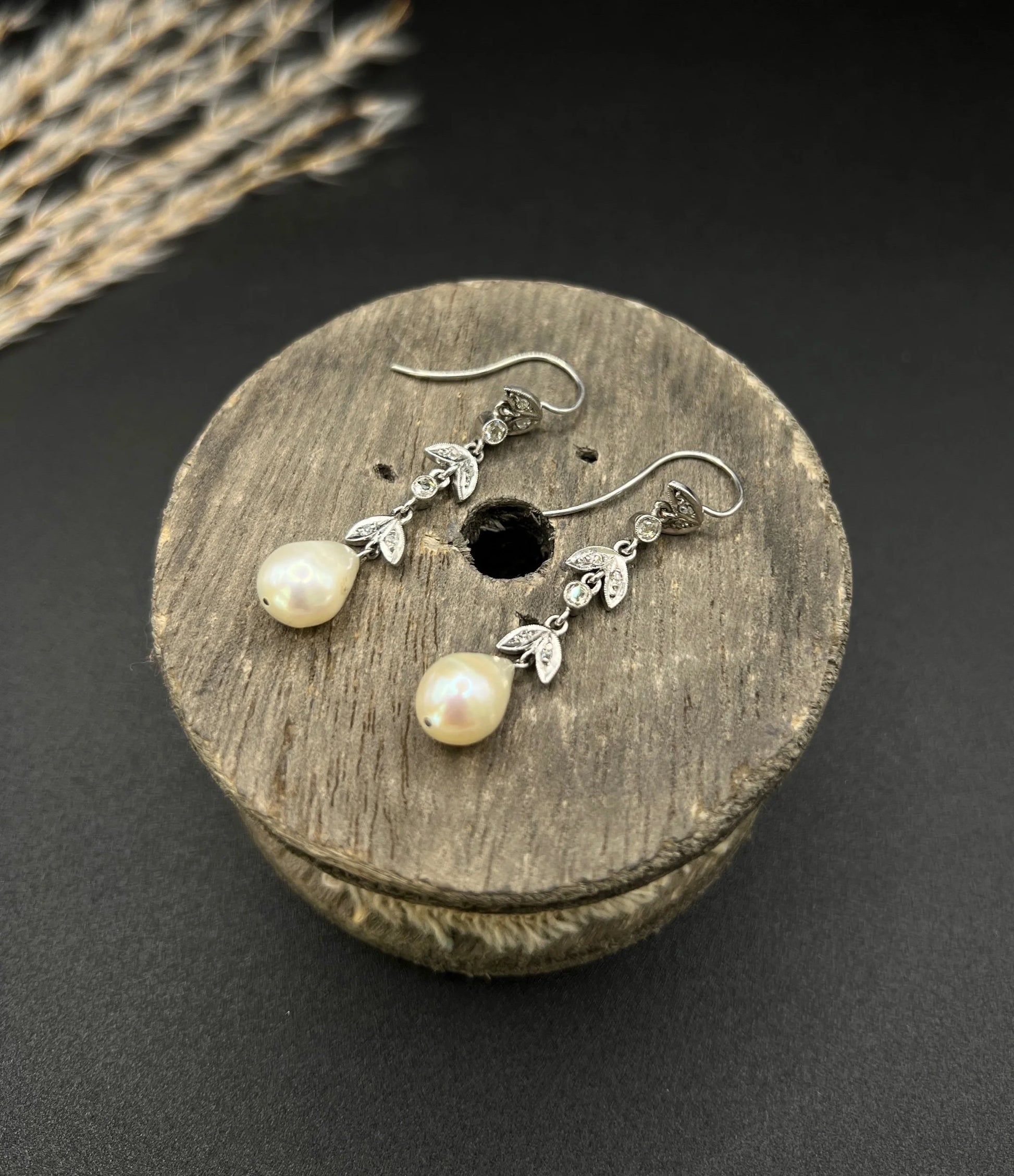 Antique 18 ct White Gold, 1920's Diamond And Pearl Drop Earrings