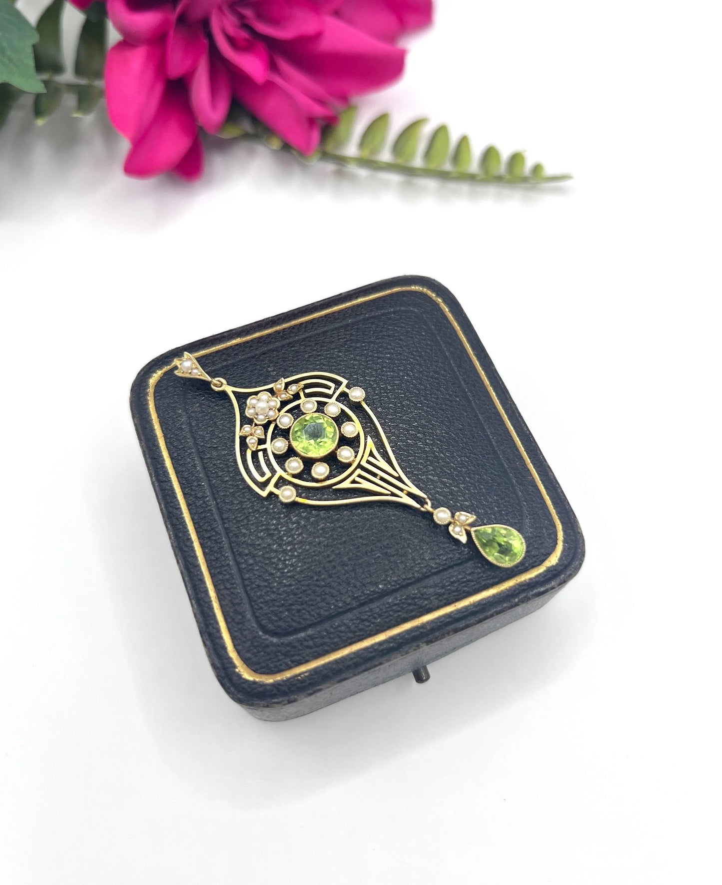Antique 15 Carat Yellow Gold Peridot and Seed Pearl Drop Pendant, Circa 1910