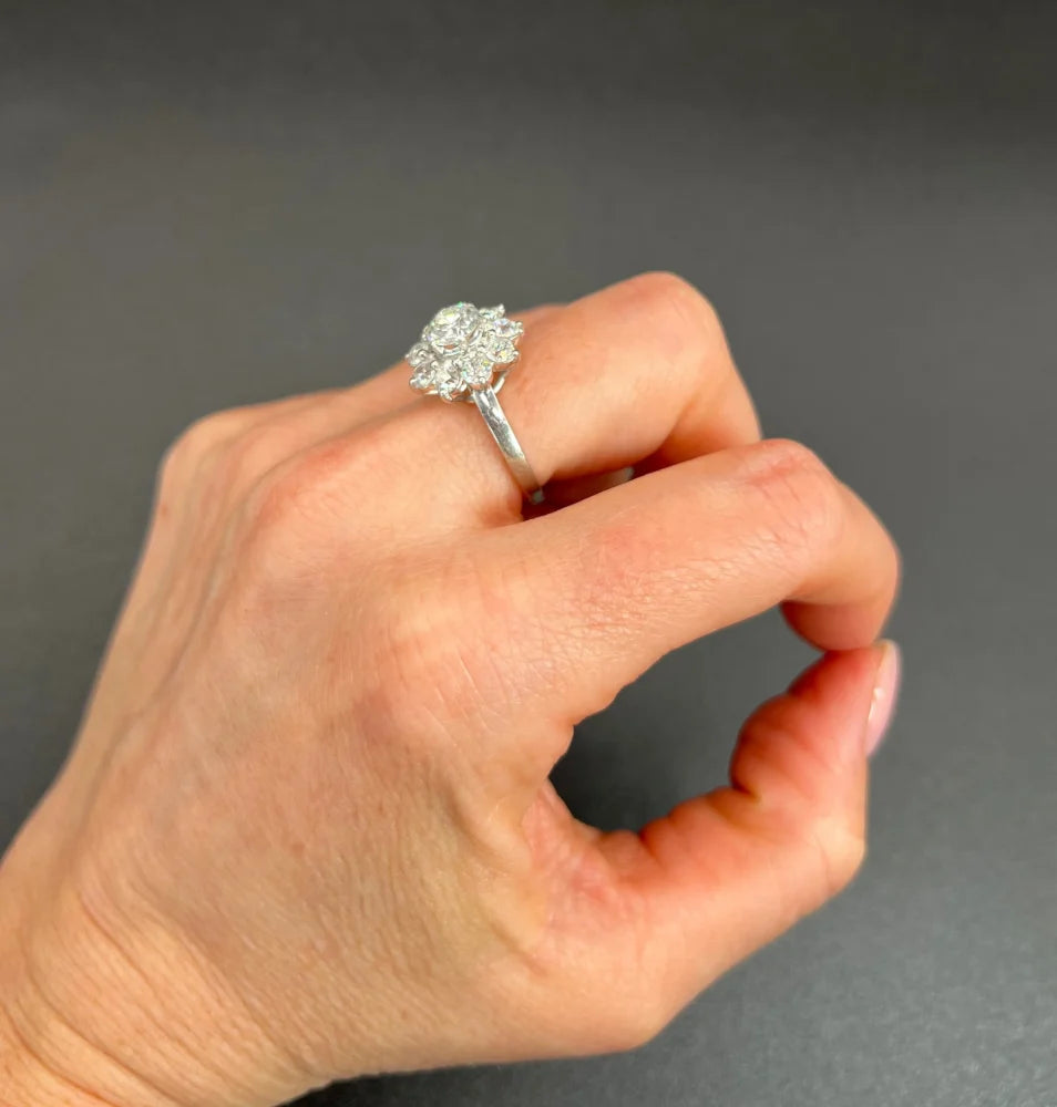 Vintage Diamond Daisy Cluster Engagement Ring in Platinum, 2.20 carats