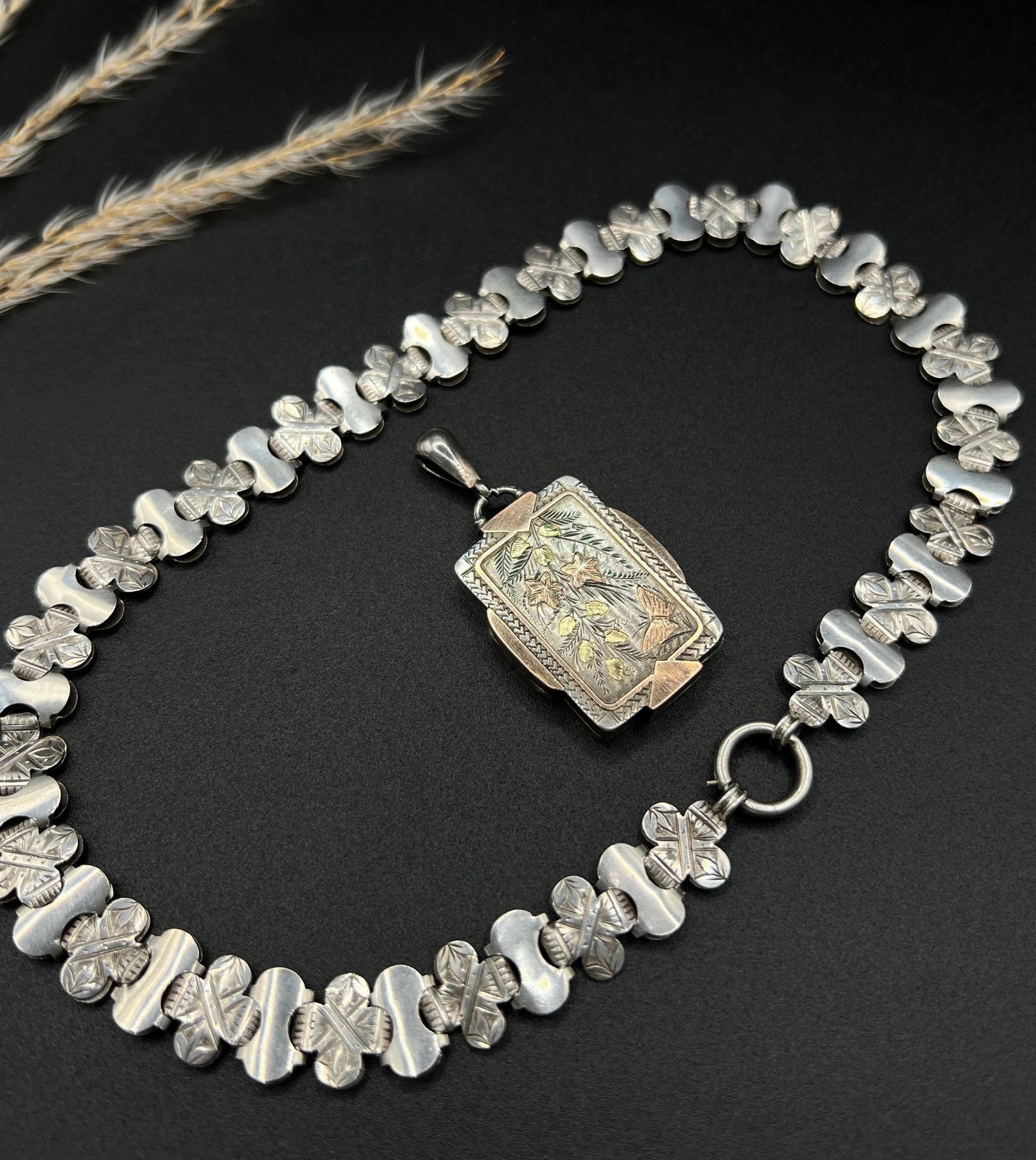Victorian Sterling Silver Book Chain Necklace with Silver and Gold Inlaid Butterfly Locket