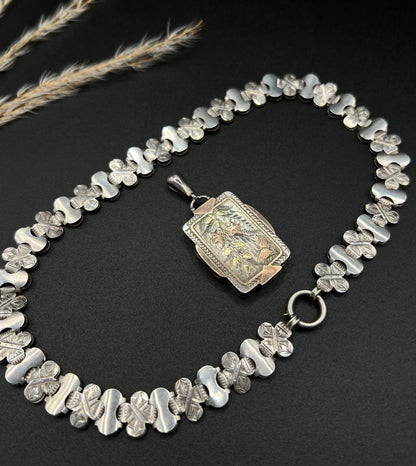 Victorian Sterling Silver Book Chain Necklace with Silver and Gold Inlaid Butterfly Locket