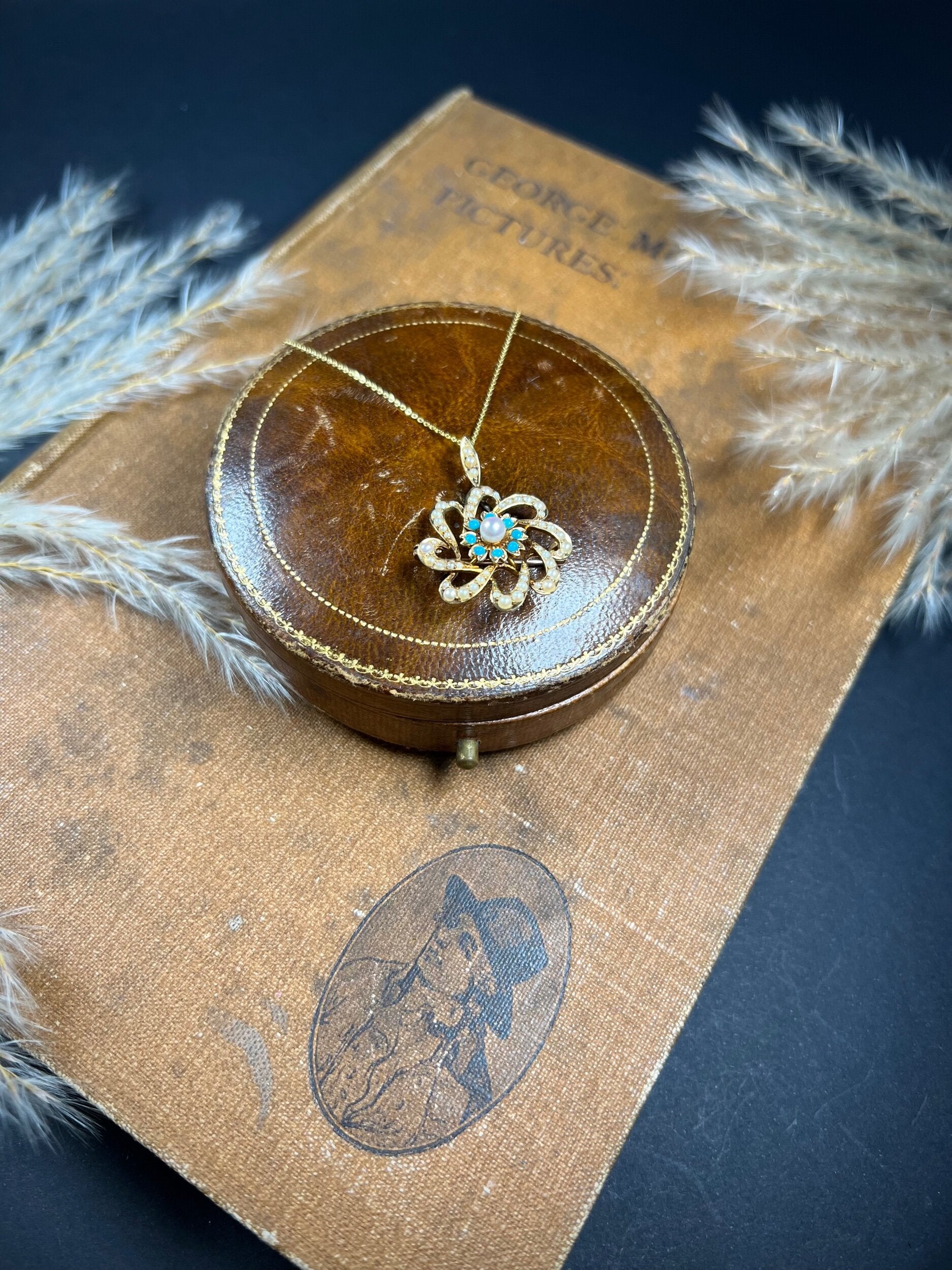 Antique 15ct Gold Edwardian Pearl & Turquoise Flower Pendant