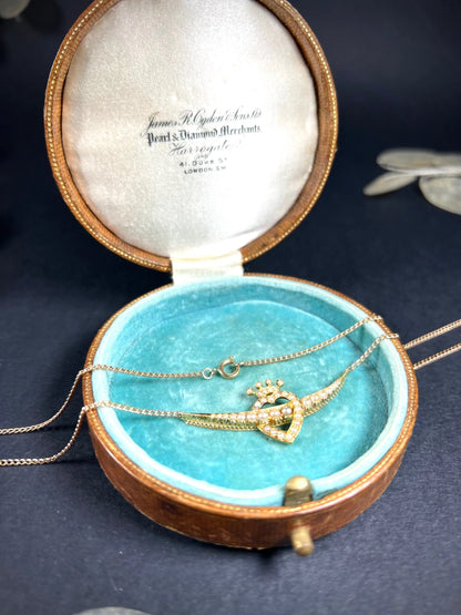 Antique 15ct Gold Edwardian Heart, Crown, Crescent, Pearl Pendant Necklace