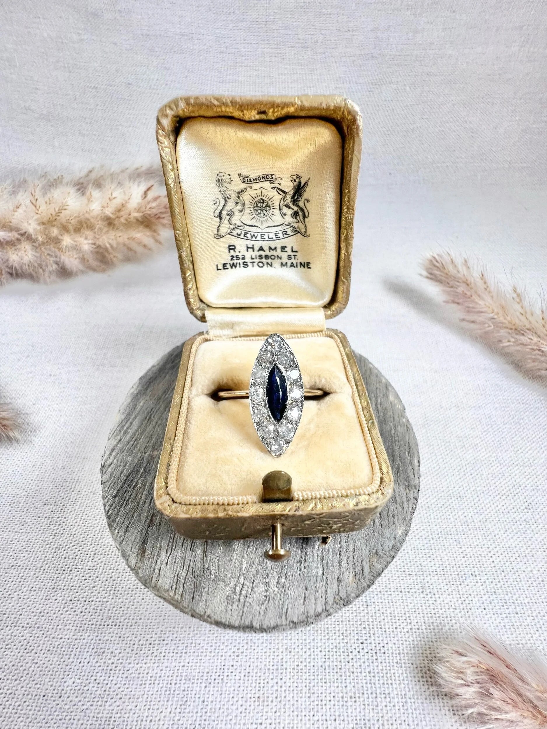 Edwardian 18 Carat Gold and Platinum Sapphire Diamond Marquise/Navette Ring