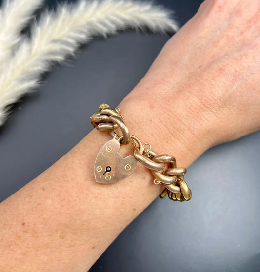 Antique 9 Carat Rose Gold Night & Day Curb Bracelet With Heart Padlock Clasp