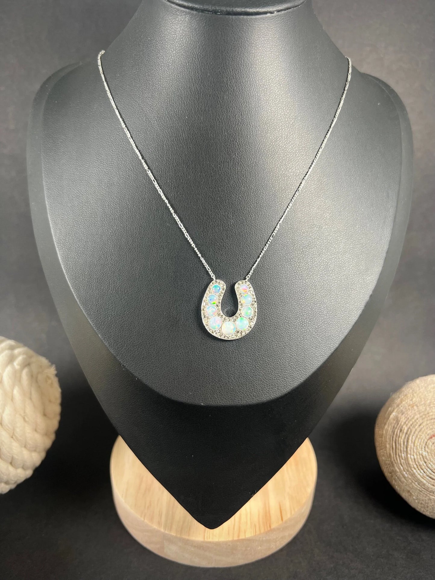 Victorian 18 Carat White Gold Opal and Diamond Lucky Horseshoe Pendant Necklace