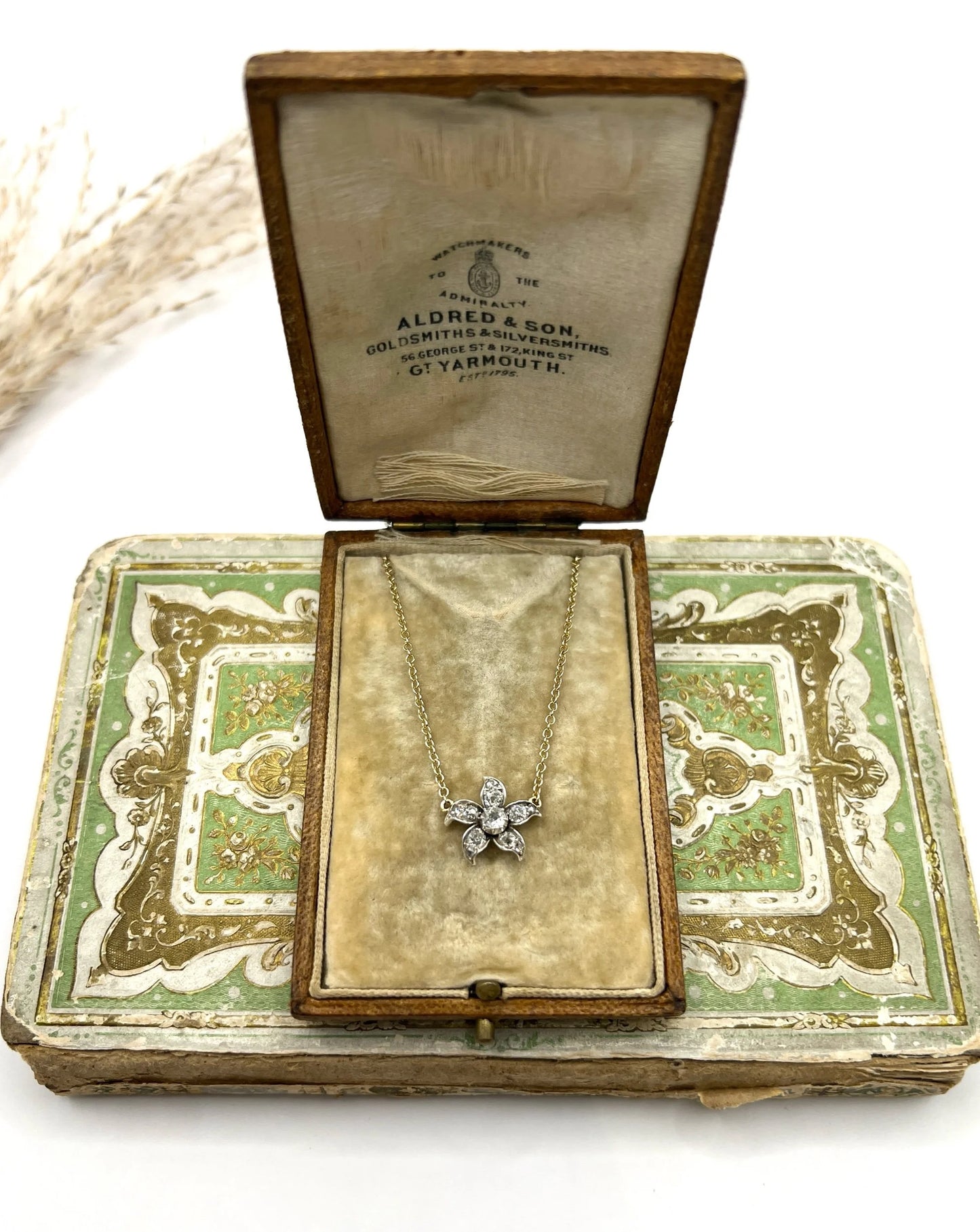 Antique 9 Carat Gold, Victorian Old Cut Diamond Flower Pendant Necklace